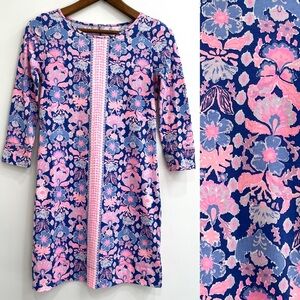 LILLY PULITZER pink blue floral Werk It Marlowe t-shirt dress 3/4 length sleeves